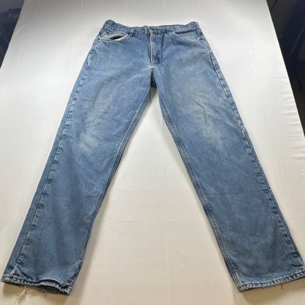 Carhartt Relaxed Fit Straight Blue Denim Jeans Distressed Logo Button Zip Mens
